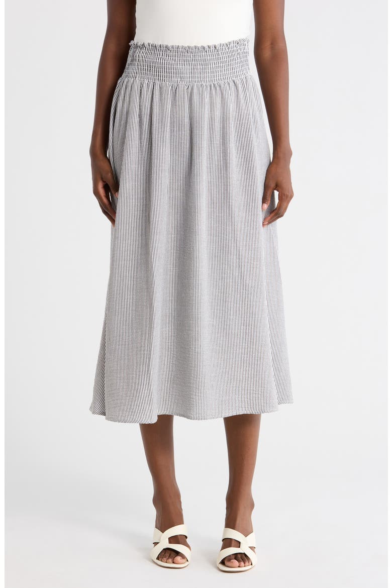 Smocked Waist Midi Skirt, Main, color, BLACK