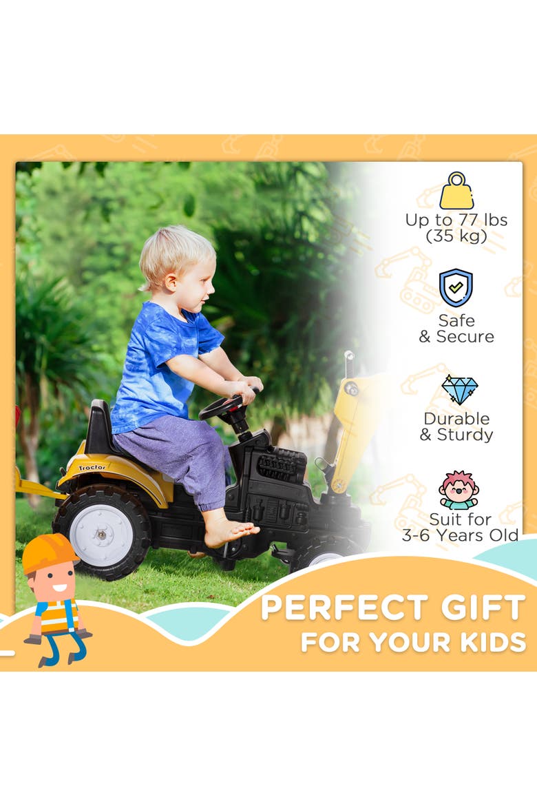 Kid's Pedal Digger Construction Car with Horn, Detachable Trailer, Alternate, color, Yellow