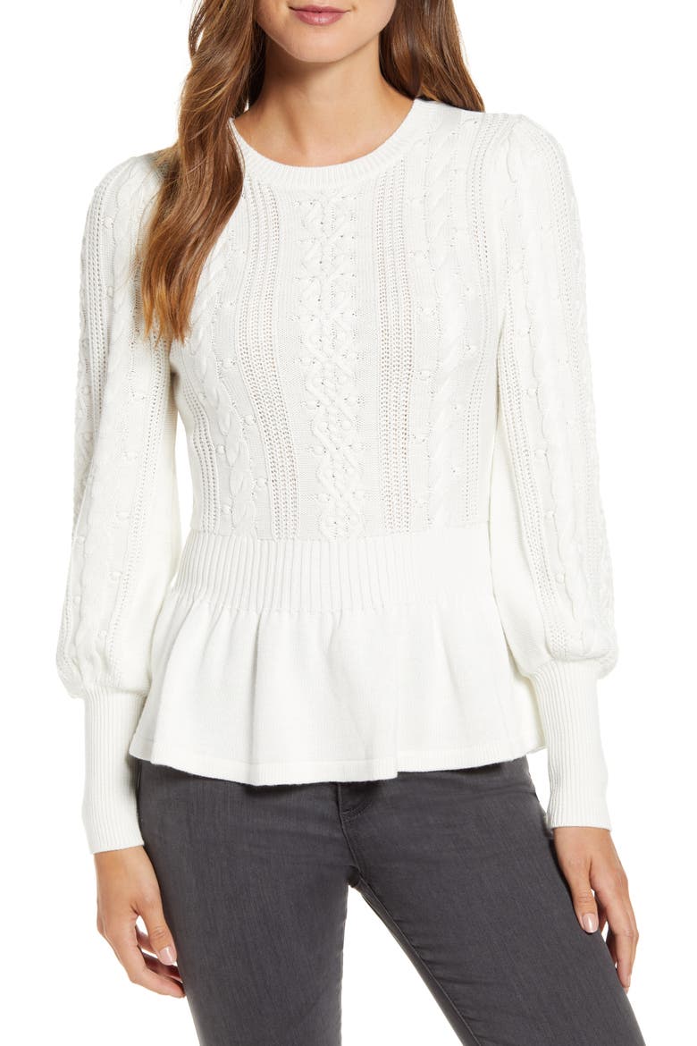 Cable Bobble Peplum Cotton Blend Sweater, Main, color, IVORY CLOUD