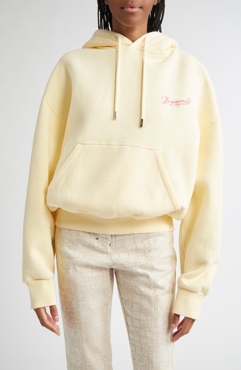 Jacquemus Le Hoodie Corto Embroidered Cotton Fleece Hoodie, Main, color, Uni Club Beige