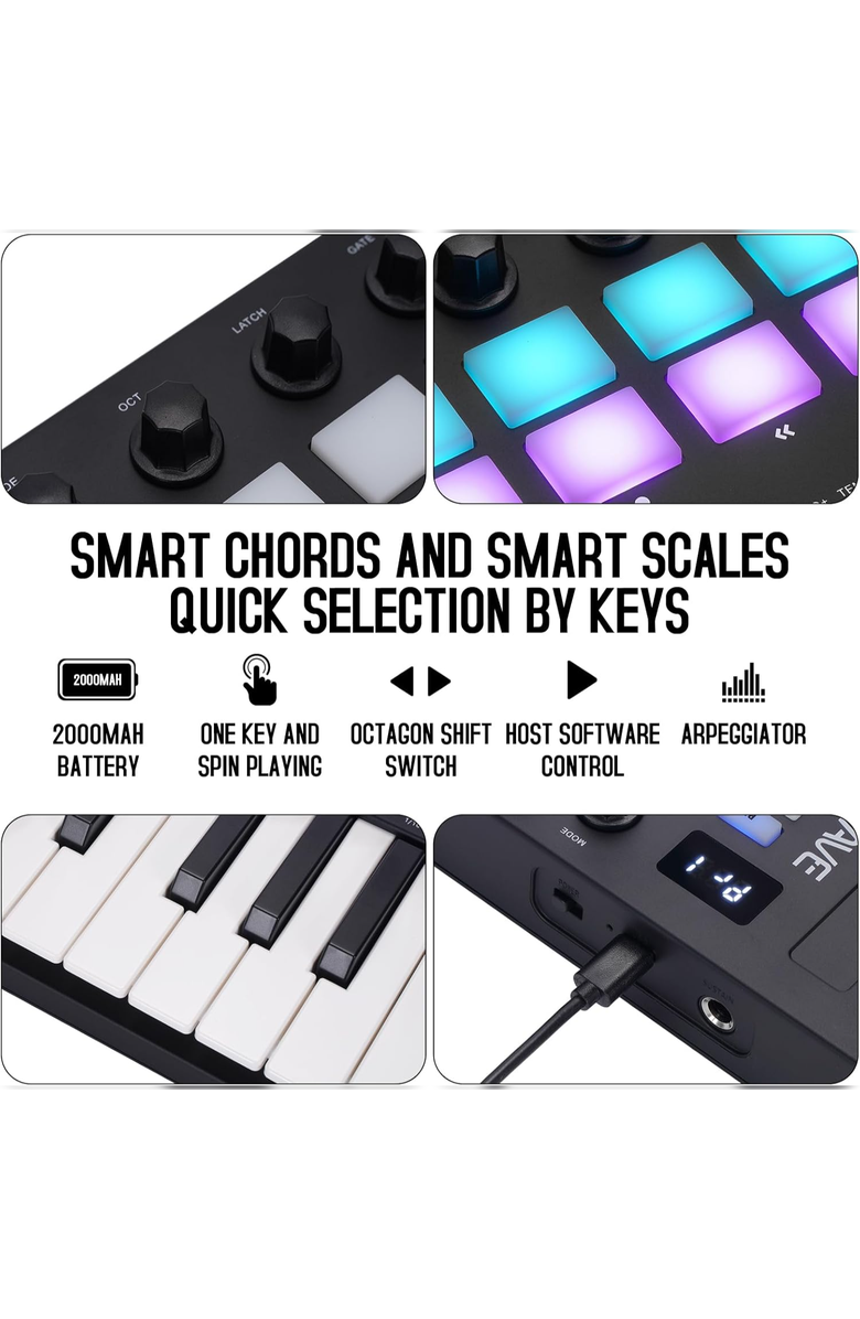 M-Wave 25-Key Bluetooth MIDI Keyboard- Black, Alternate, color, Black