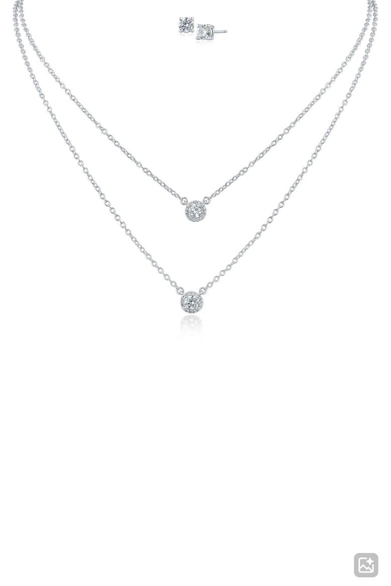 Round Cubic Zirconia Solitaire Multistrand Pendant Necklace & Stud Earrings Set, Main, color, RHODIUM PLATED BRASS