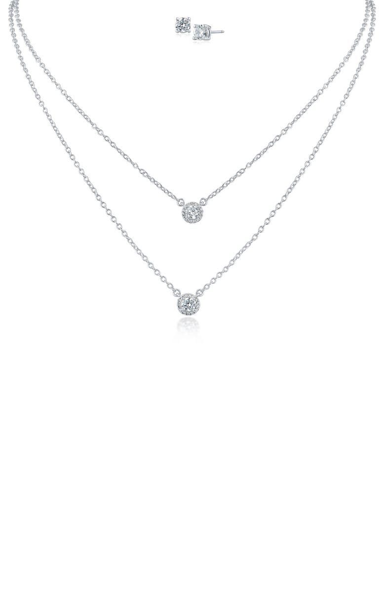 CZ by Kenneth Jay Lane Round Cubic Zirconia Solitaire Multistrand Pendant Necklace & Stud Earrings Set, Main, color, Rhodium Plated Brass