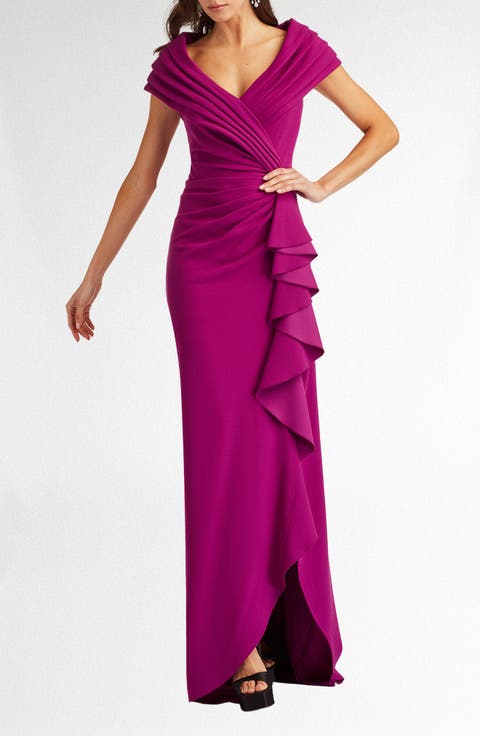 Cascade Ruffle Portrait Neck Gown