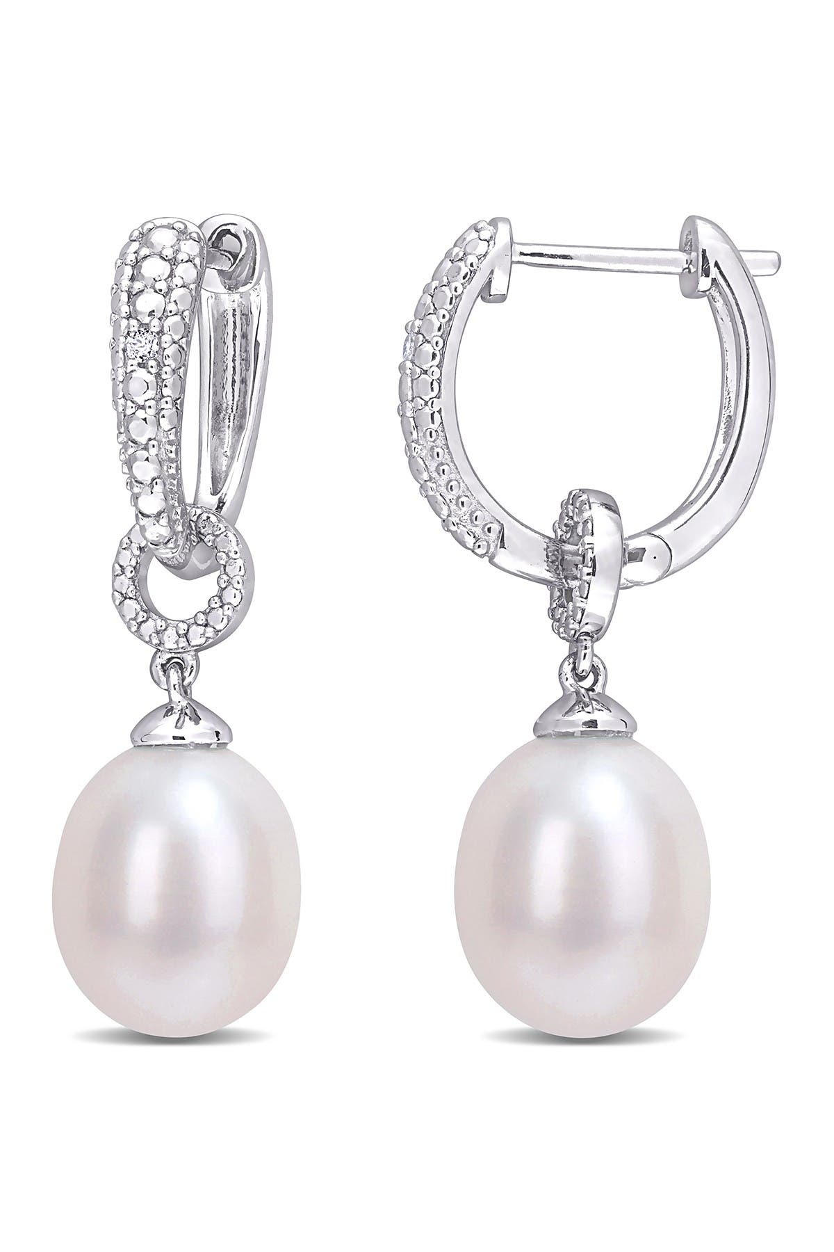 DELMAR Sterling Silver 8.5mm Cultured Freshwater Pearl & Diamond 29.5mm Hoop Earrings- 0.02 ctw