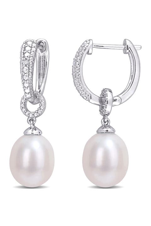 Sterling Silver 8.5mm Cultured Freshwater Pearl & Diamond 29.5mm Hoop Earrings- 0.02 ctw