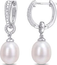 DELMAR Sterling Silver 8.5mm Cultured Freshwater Pearl & Diamond 29.5mm Hoop Earrings- 0.02 ctw