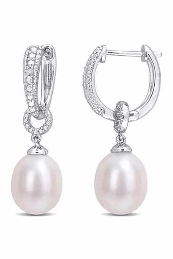 Sterling Silver 8.5mm Cultured Freshwater Pearl & Diamond 29.5mm Hoop Earrings- 0.02 ctw