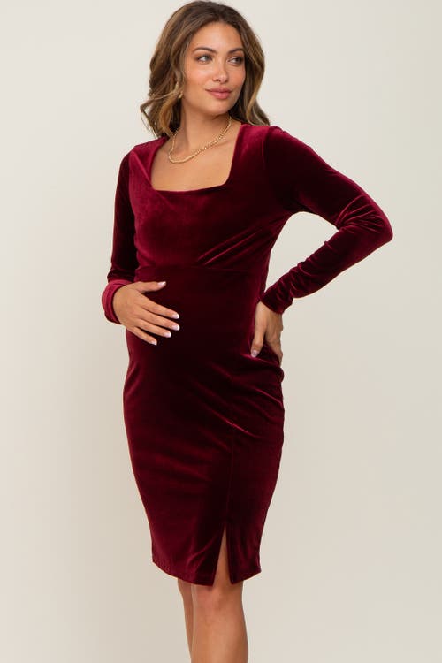 Pinkblush Velvet Long Sleeve Side Slit Dress In Burgundy