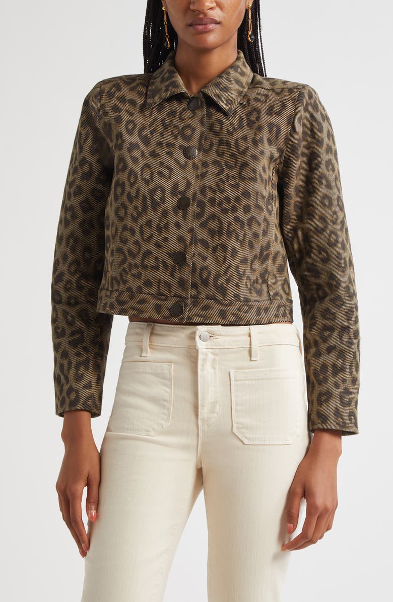 L'AGENCE Marla Leopard Print Crop Cotton Jacket, Main, color, Tan Multi Leopard
