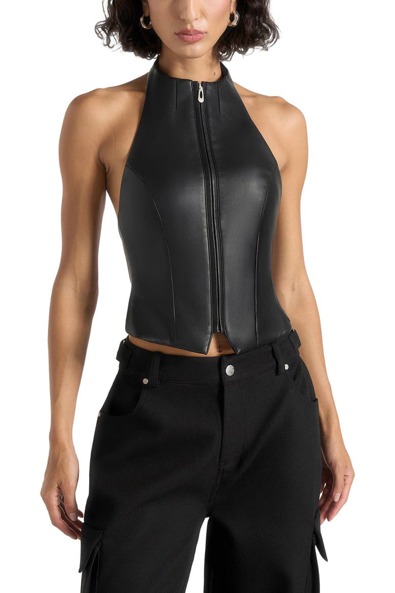 Claudette Leather Halterneck Backless Top, Alternate, color, Black