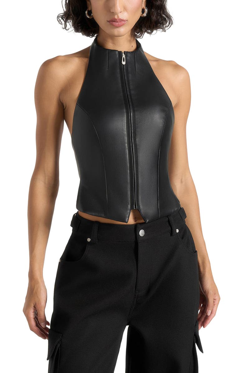 Manière De Voir Claudette Leather Halterneck Backless Top, Alternate, color, Black