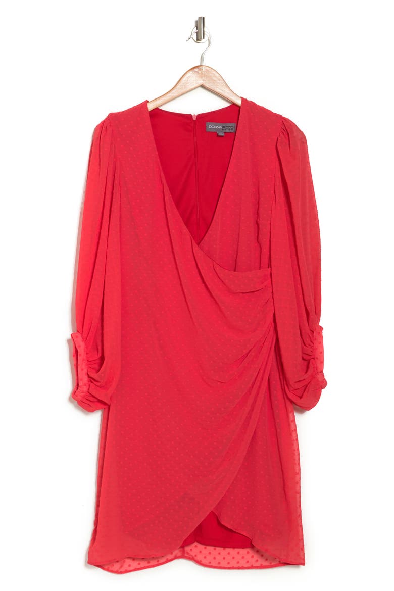 Swiss Dot Balloon Sleeve Faux Wrap Dress, Alternate, color, HOT CORAL