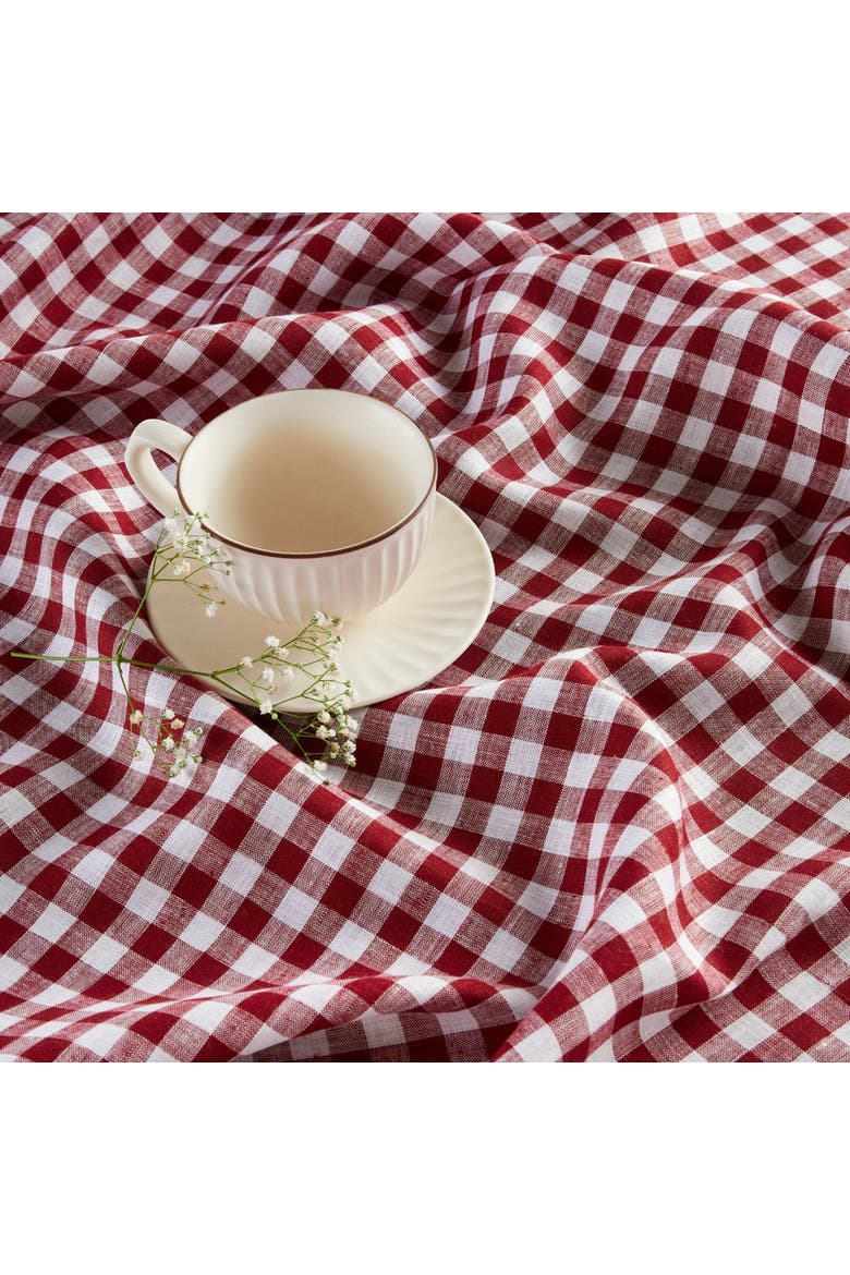 Linen Table Throw 52 x 52 Inch - Gingham Check, Alternate, color, Burgundy