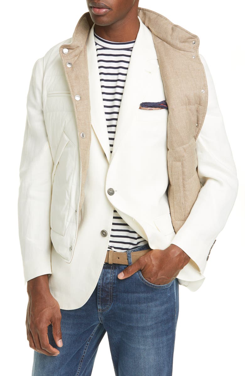 Brunello Cucinelli Reversible Linen Blend Hopsack Down Vest, Alternate, color, 