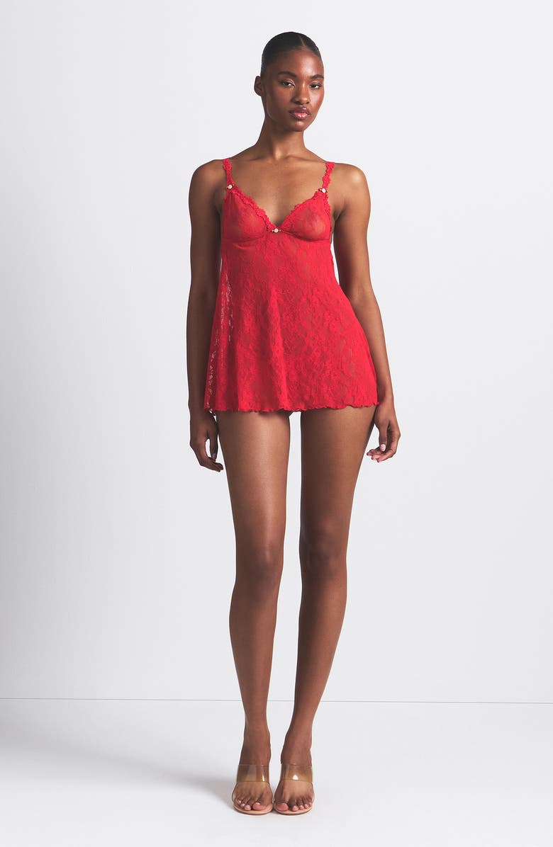 SKIMS Stretch Lace Chemise & G-String Set, Alternate, color, Red