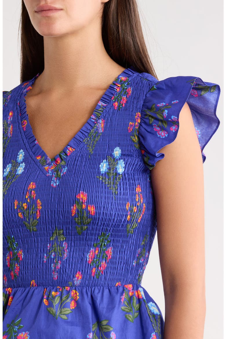 Clemen Floral Brish Smocked Flutter Sleeve Peplum Cotton Top, Alternate, color, NAVY