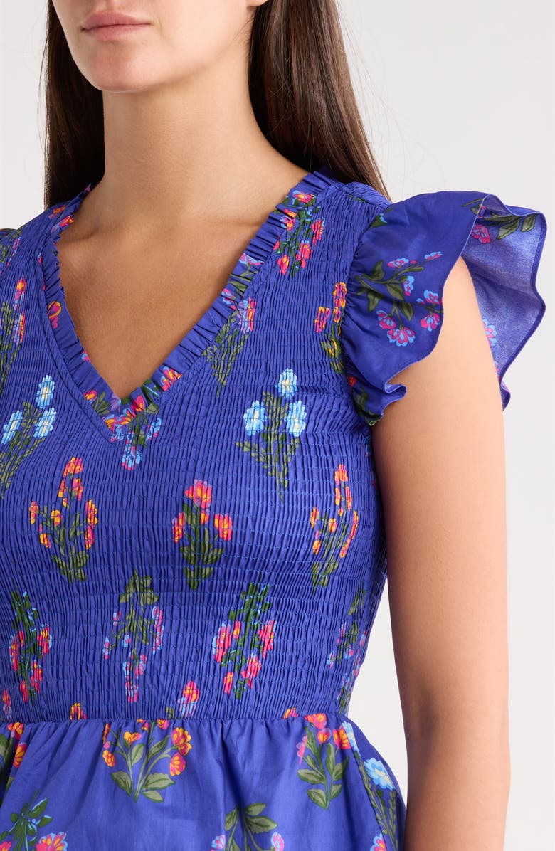 SUGARLIPS Clemen Floral Brish Smocked Flutter Sleeve Peplum Cotton Top, Alternate, color, Navy