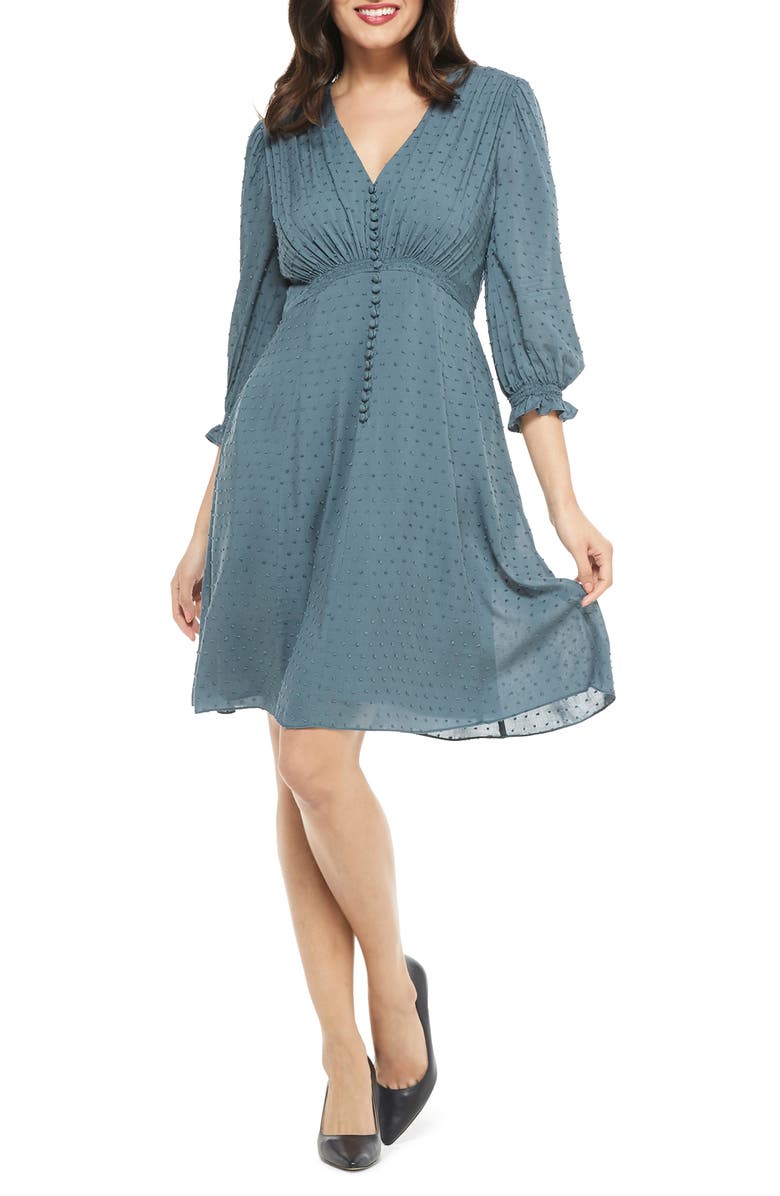 Gal Meets Glam Collection Andrea Smocked Shoulder Clip Dot Fit & Flare Dress, Alternate, color, Retro Blue