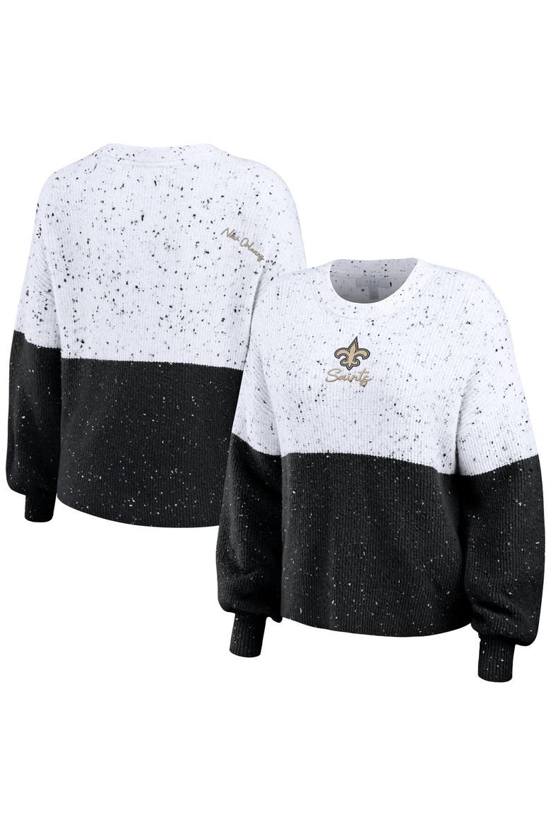 Women's WEAR by Erin Andrews  White/Black New Orleans Saints Lighweight Modest Crop Color-Block Pullover Sweater, Alternate, color, White