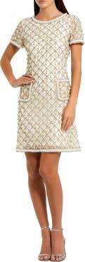 Mac Duggal Short Sleeve Embellished Crepe Midi Dress