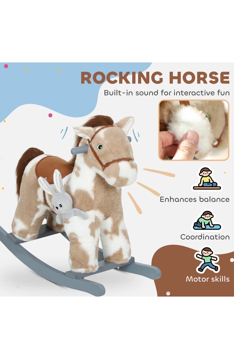 Qaba Rocking Horse Kids Plush Animal Rocker with Realistic Sound for Toddlers Soft Filling Ride on Horse with Rabbit Toy, Alternate, color, Brown