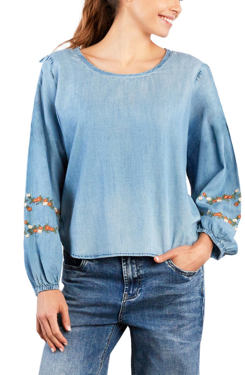 Billy T Floral Embroidery Cotton Blend Poet Top, Alternate, color, Denim