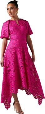 Coast Lace Hanky Hem Puff Sleeve Dress
