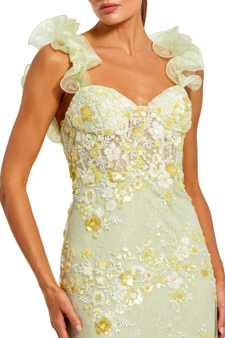 Embroidered Lace Floral Gown with Ruffle Straps, Alternate, color, Sage Multi