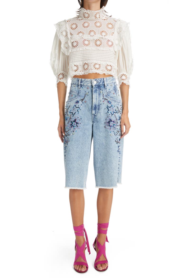 Natayal Embroidered Denim Bermuda Shorts, Alternate, color, LIGHT BLUE