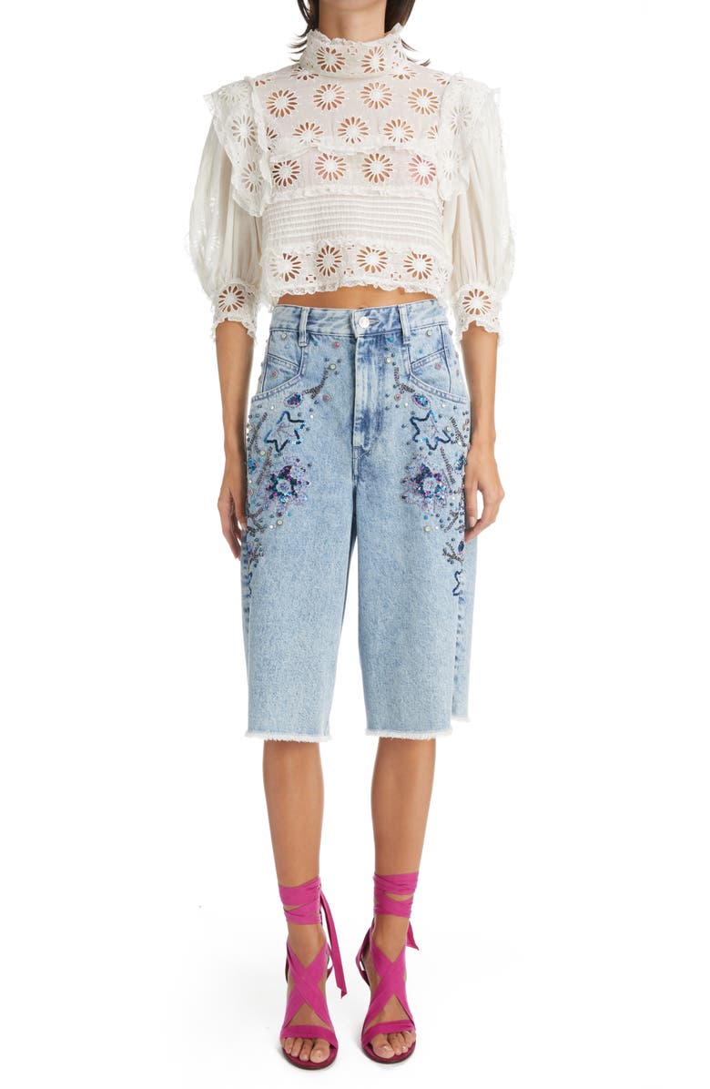 Isabel Marant Natayal Embroidered Denim Bermuda Shorts, Alternate, color,