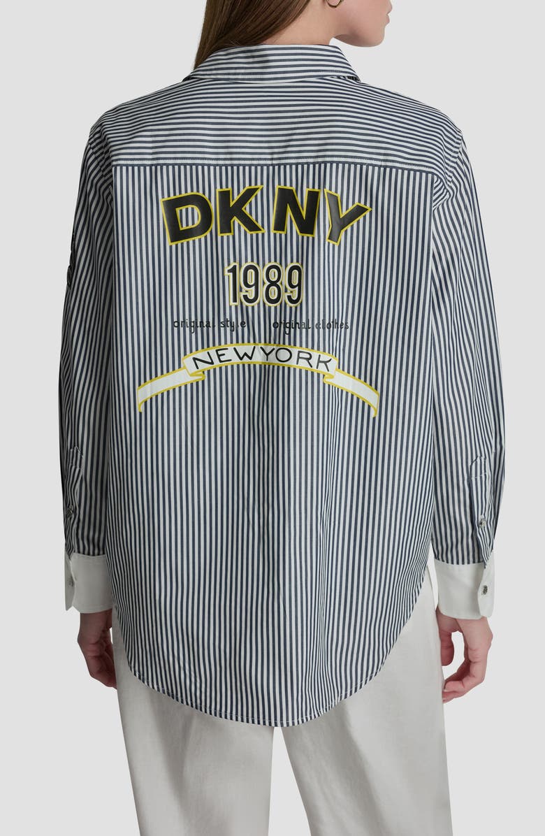 DKNY Stripe Logo Button-Up Shirt, Alternate, color, Navy/White