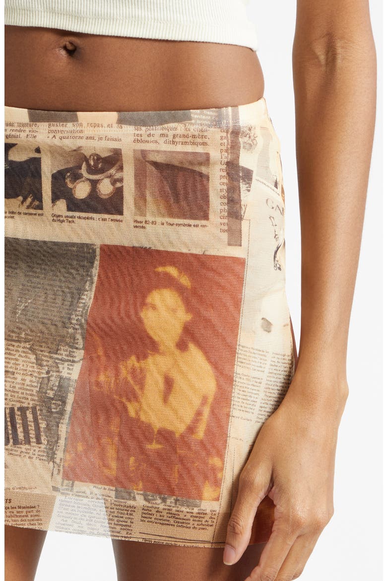 Newspaper Print Mesh Miniskirt, Alternate, color, ECRU/ LIGHT GREY/ RED