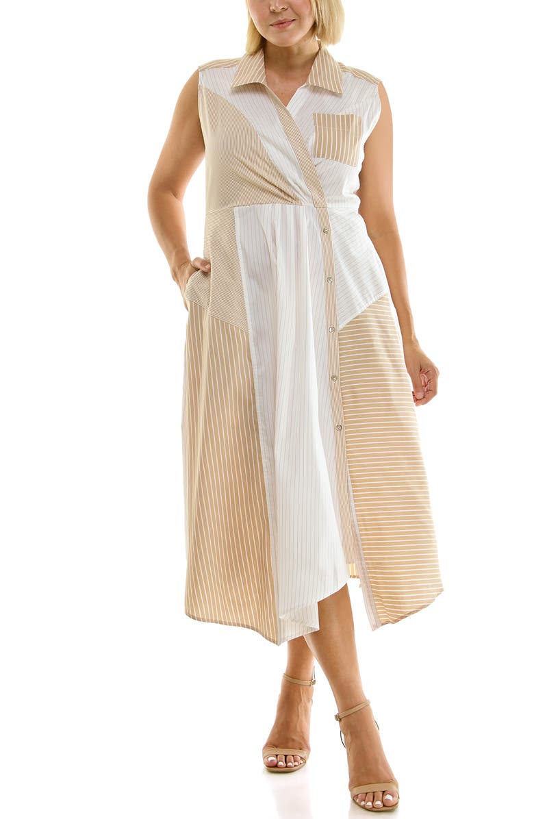 Nicole Miller Stripe Pleated Asymmetric Maxi Dress, Alternate, color, Mocha White Stripe