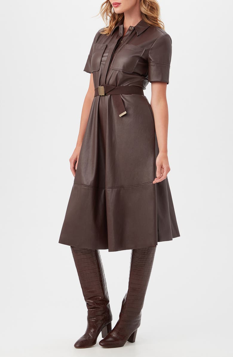 Trina Turk Misola Belted Faux Leather Shirtdress, Alternate, color, Mudcloth