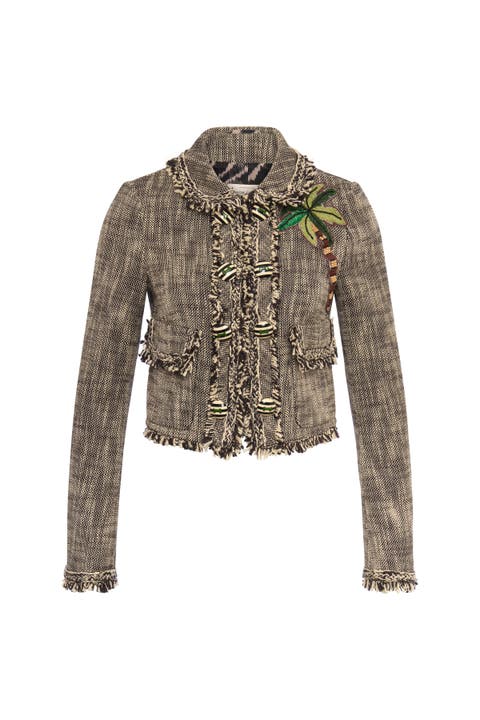 Cotton Jacket With Palm Embroidery And Fringes