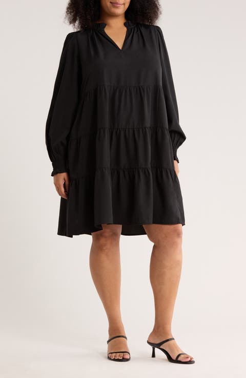 Long Sleeve Tiered Crepe Dress (Plus)