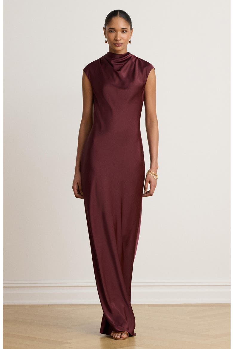 Cowl Neck Satin Maxi Dress, Alternate, color, RED