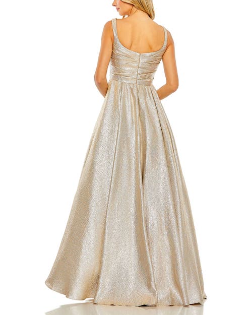 Mac Duggal Metallic Pleated Bodice Ballgown In Oyster
