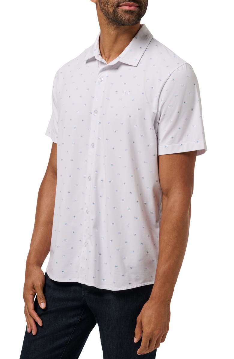 TravisMathew Comfortknit Geo Short Sleeve Button-Up Shirt, Alternate, color, White