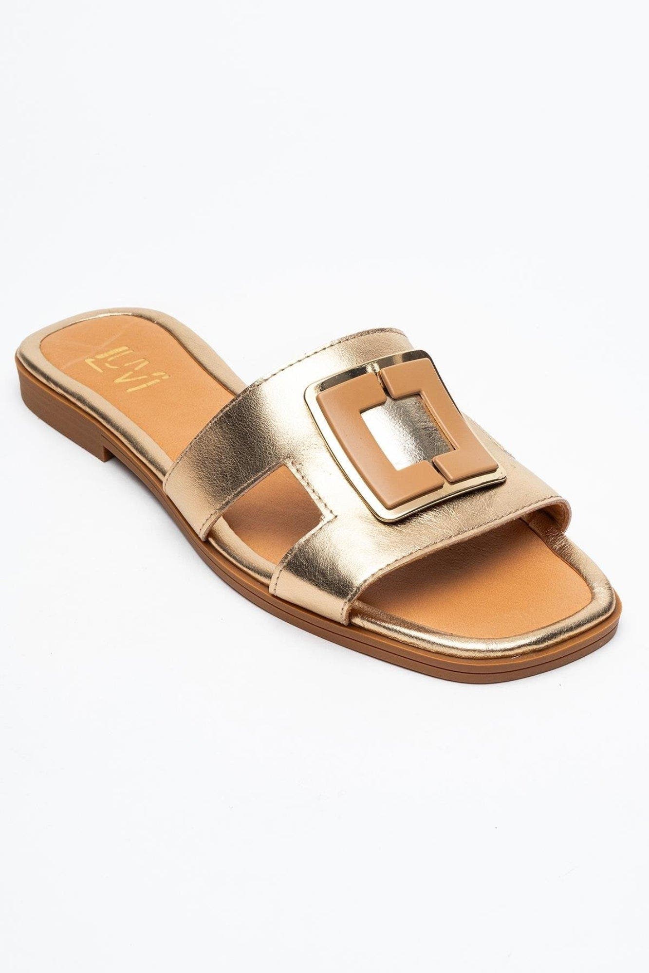Millie Leather Buckle Slide, Main, color, Gold Leather