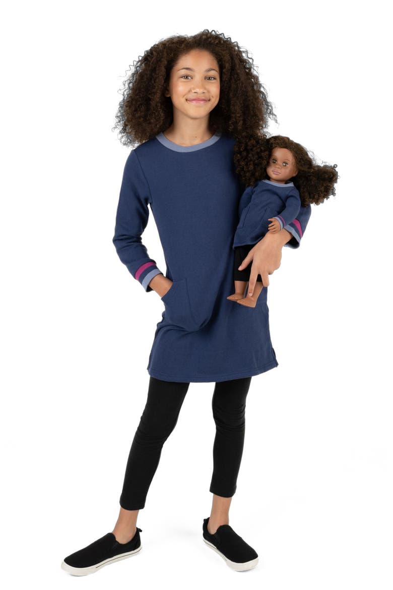 Girls Sweatshirt Dress with Matching Doll Dress, Main, color, NAVY