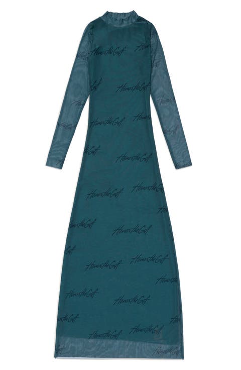 Burnout Logo Pattern Long Sleeve Dress