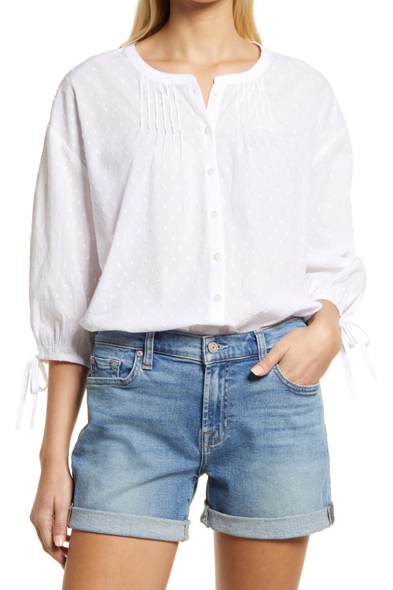 Three-Quarter Sleeve Button-Up Blouse, Main, color, WHITE