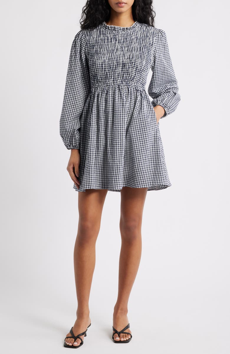 Petal & Pup Jessen Long Sleeve Minidress, Main, color, Navy Gingham