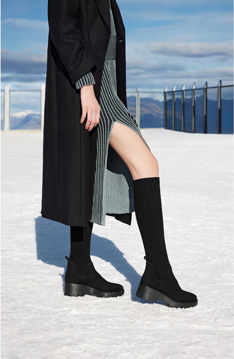 VIVAIA Round-Toe Knee-High Platform Chunky Wool Wedge Boots, Alternate, color, Black