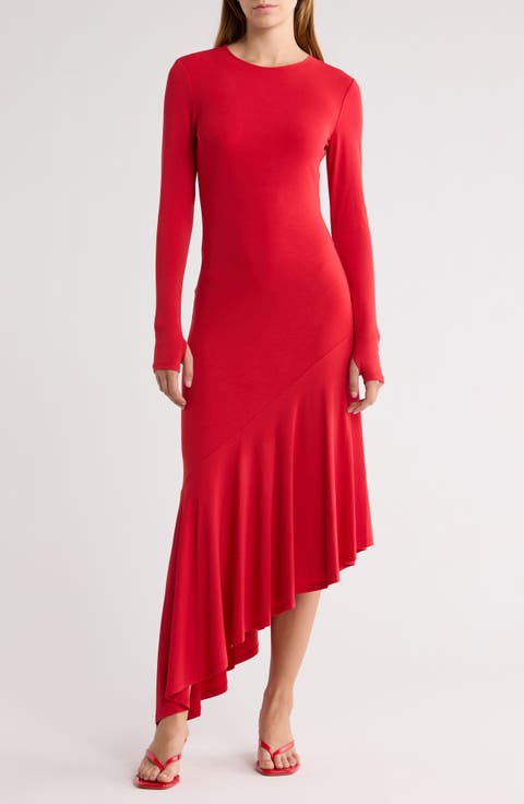 Elia Long Sleeve Asymmetric Flounce Hem Dress
