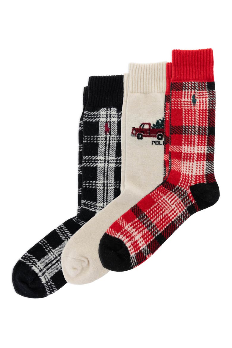 Truck & Plaid Assorted 3-Pack Wool Blend Crew Socks Gift Box, Main, color, BAST