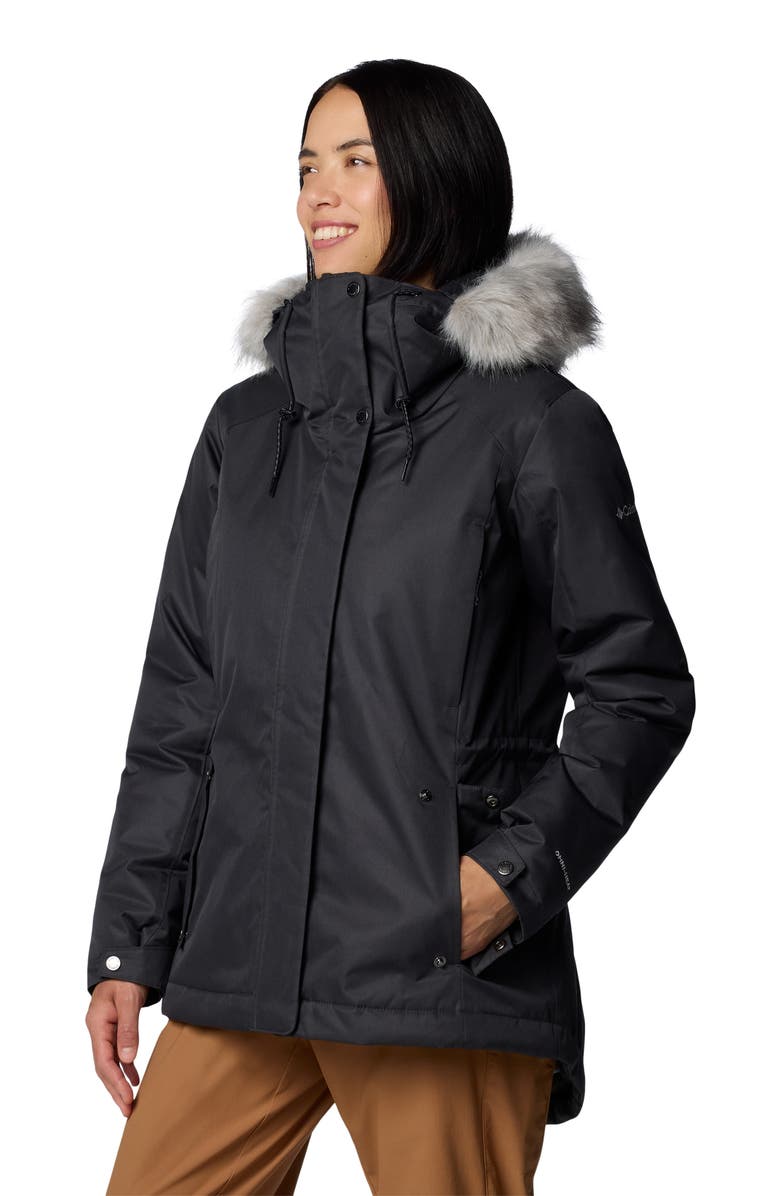 Columbia Suttle Mountain<sup>™</sup> III Water Repellent Insulated Jacket with Faux Fur Trim, Alternate, color, Black