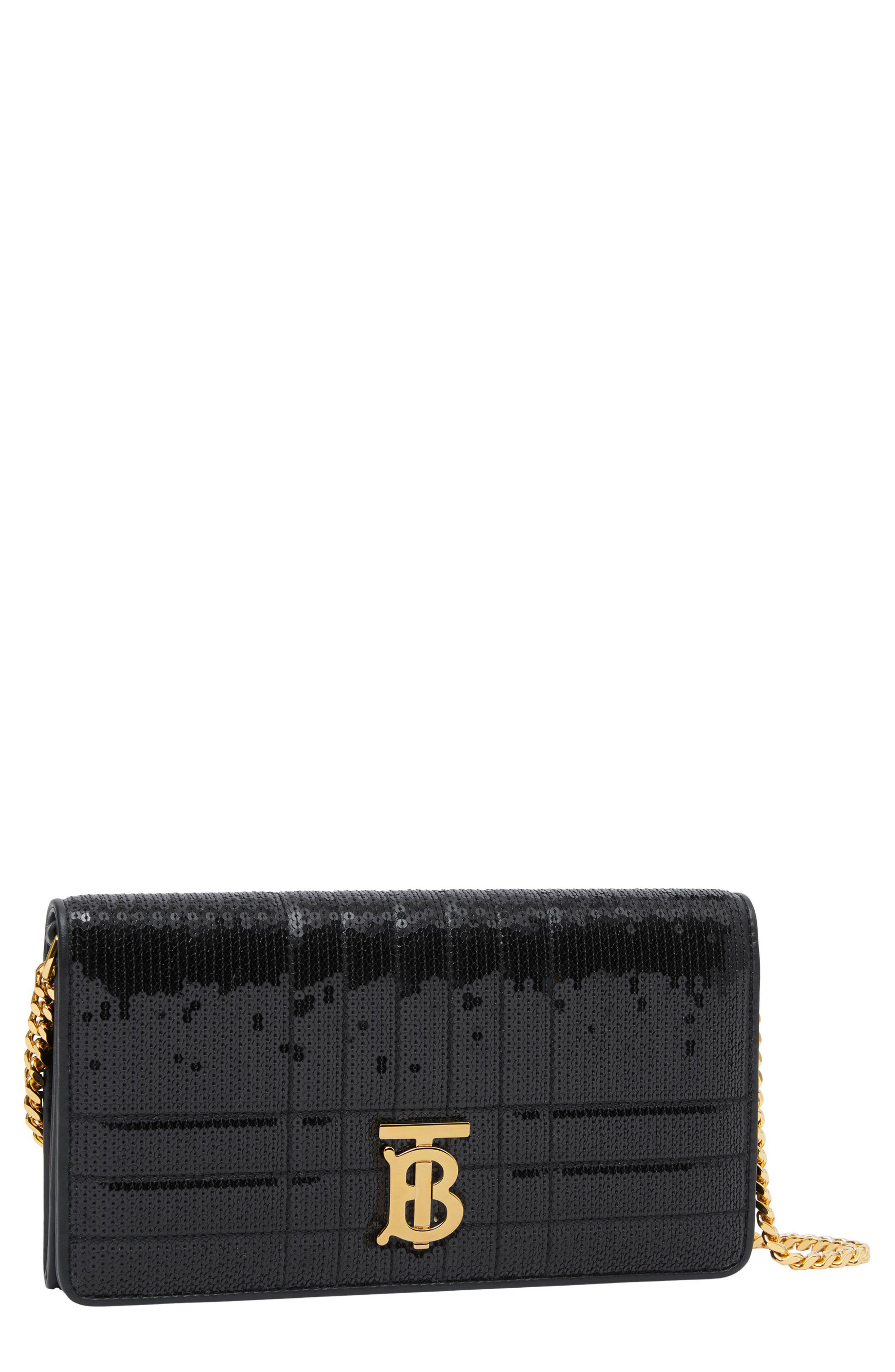 Lola Quilted Sequined Leather Wallet on a Chain, Alternate, color, BLACK